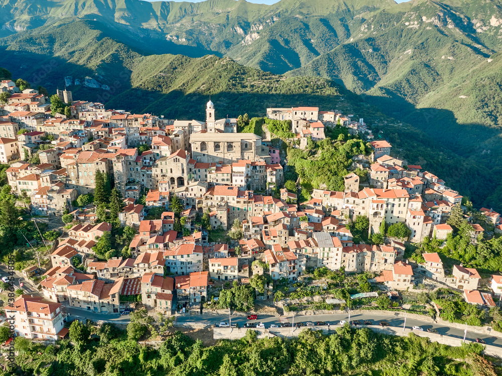 An aerial view of the town of Triora in Liguria, Italy