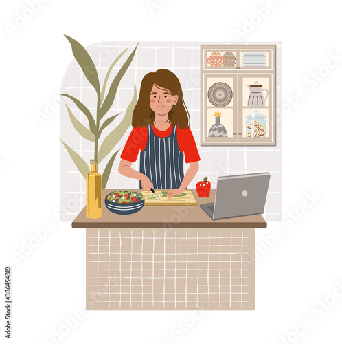 Smiling girl cooking salad on kitchen table using laptop. Female child preparing homemade meals. Vegetarian cuisine. Online cooking concept. Flat cartoon vector illustration.