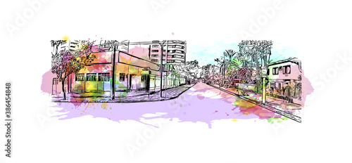 Building view with landmark of Blumenau is a city in southern Brazil. Watercolor splash with hand drawn sketch illustration in vector.
