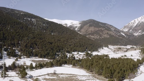 aerial sweep over the forests of snowy mountains