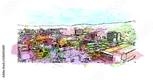 Building view with landmark of Blumenau is a city in southern Brazil. Watercolor splash with hand drawn sketch illustration in vector.