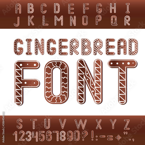 Gingerbread font, alphabet, abc or type with food for christmas, typographic vector stock illustration with christmas sweet gingerbread font for design