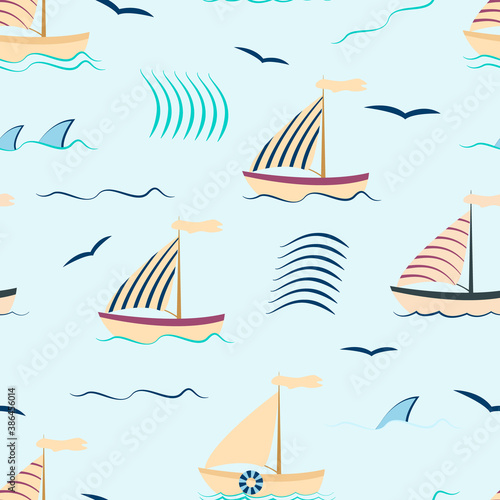 seamless pattern with images of boats and other marine elements - vector illustration, eps