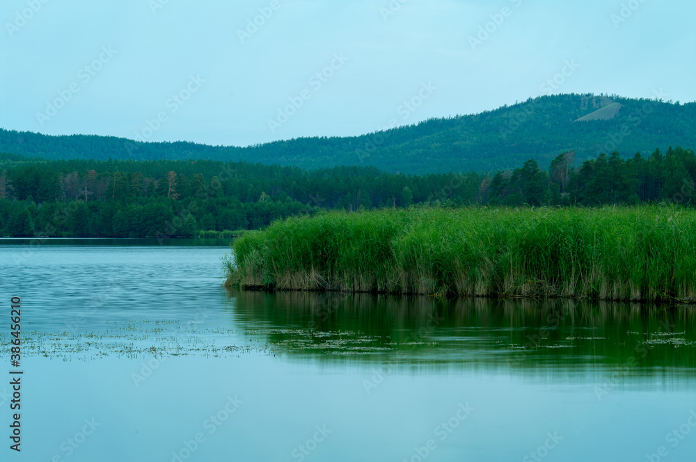 Summer landscape with lake, hills and forest