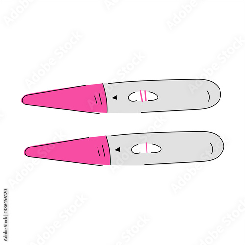 Hand-drawn vector illustration of positive and negative pregnancy test. Family planning. Fertility is female. Birth of children. Motherhood. Two or one strips on the test. Flat.