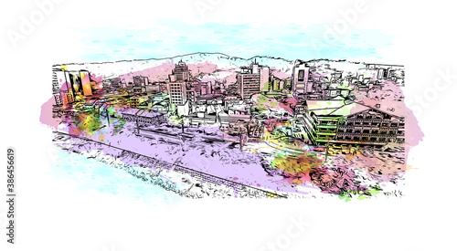 Building view with landmark of Blumenau is a city in southern Brazil. Watercolor splash with hand drawn sketch illustration in vector.