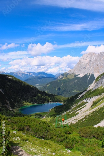 Lake Seebensee in front of Zugspitze mountain, the so called top of Germany, taken close to Coburger Hütte in Tyrol, Austria
