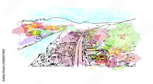 Building view with landmark of Blumenau is a city in southern Brazil. Watercolor splash with hand drawn sketch illustration in vector.