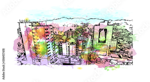 Building view with landmark of Blumenau is a city in southern Brazil. Watercolor splash with hand drawn sketch illustration in vector.