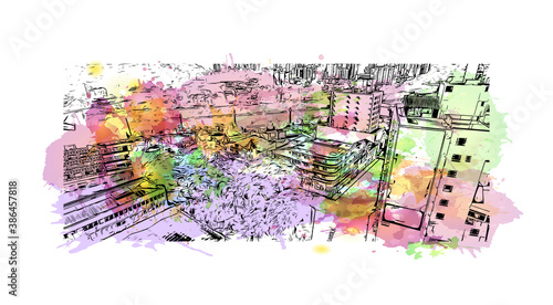 Building view with landmark of Blumenau is a city in southern Brazil. Watercolor splash with hand drawn sketch illustration in vector.