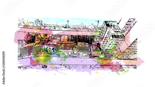 Building view with landmark of Blumenau is a city in southern Brazil. Watercolor splash with hand drawn sketch illustration in vector.