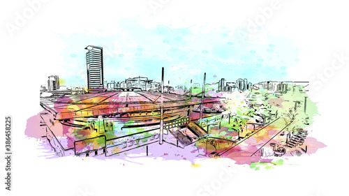 Building view with landmark of Blumenau is a city in southern Brazil. Watercolor splash with hand drawn sketch illustration in vector.