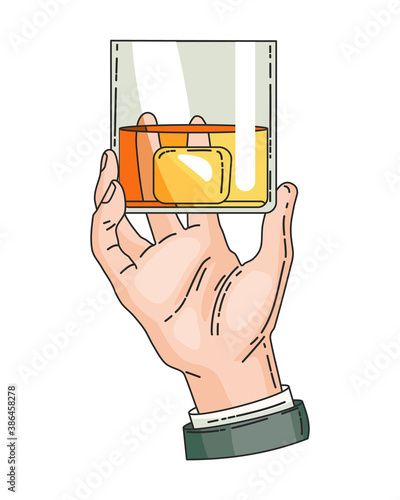 Hand holding glass with strong drink whiskey. Vintage hand drawing vector illustration. Drink tequila or whiskey, beverage booze in hand. Glass of whiskey with ice isolated on transparent background photo