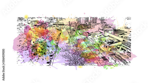 Building view with landmark of Blumenau is a city in southern Brazil. Watercolor splash with hand drawn sketch illustration in vector.