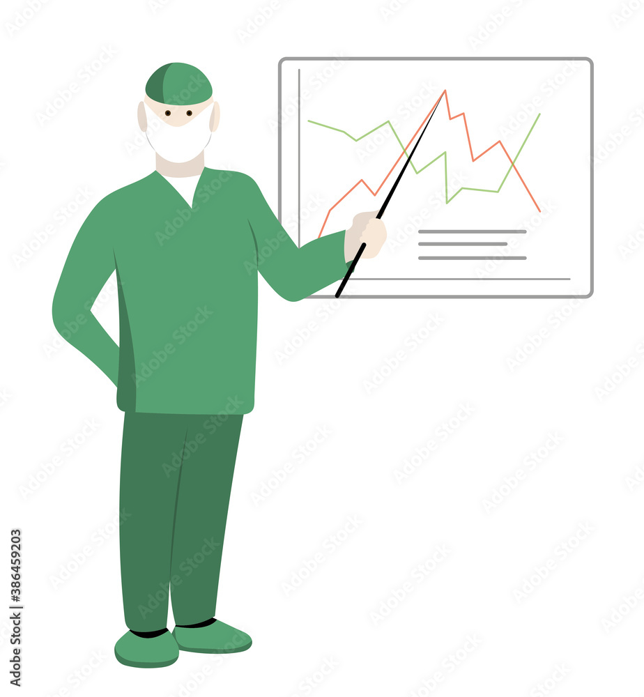 Doctor with pointer in his hand shows graph. Doctor with pointer in his hand shows graph.