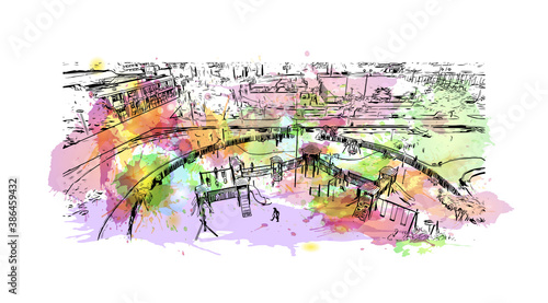 Building view with landmark of Blumenau is a city in southern Brazil. Watercolor splash with hand drawn sketch illustration in vector.