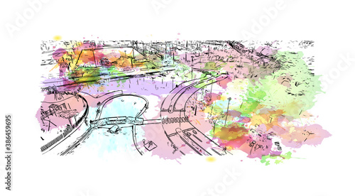 Building view with landmark of Blumenau is a city in southern Brazil. Watercolor splash with hand drawn sketch illustration in vector.
