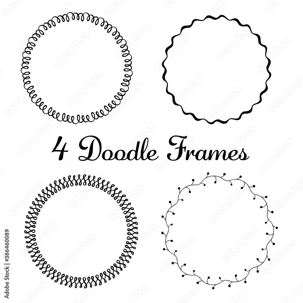 Vector set of hand drawn round frames. Vector isolated illustration. Brushes with corner tiles and ends are included in eps. Vector set of hand drawn round frames. Vector isolated illustration. Brushes with corner tiles and ends are included in eps.