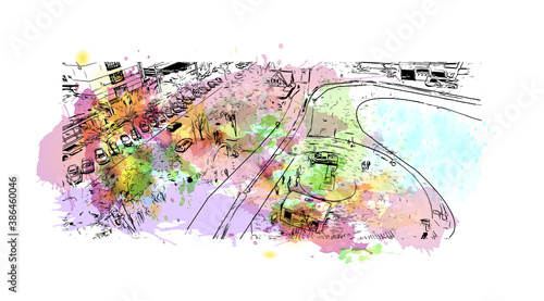 Building view with landmark of Blumenau is a city in southern Brazil. Watercolor splash with hand drawn sketch illustration in vector.