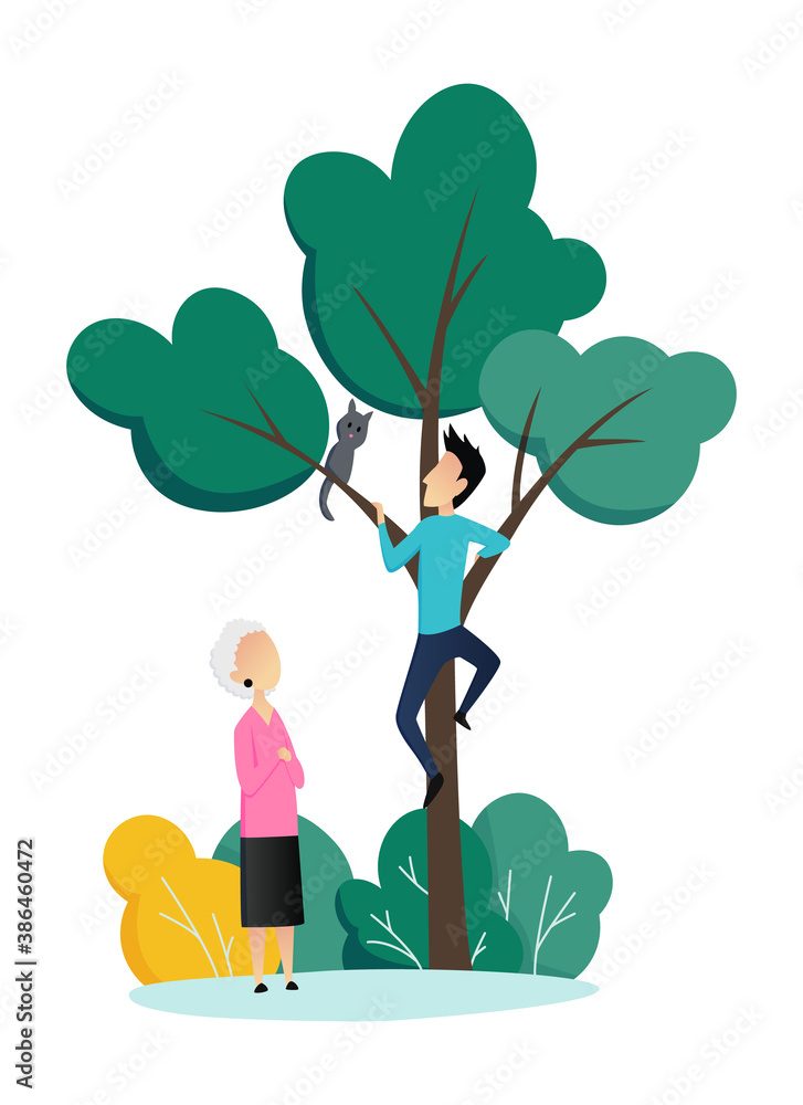 Social worker taking care about seniors people. Volunteer young people help elderly woman remove a cat from a tree. Vector flat cartoon illustration