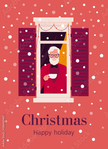 An elderly man from the window looking through at the street. Neighborhood. The grandfather with cup of coffee. Winter snowfall. Christmas postcard. Vector flat illustration