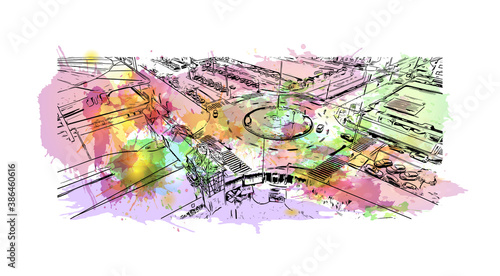 Building view with landmark of Blumenau is a city in southern Brazil. Watercolor splash with hand drawn sketch illustration in vector.