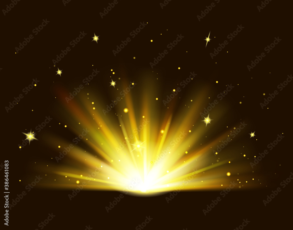 Fototapeta premium Golden rays rising on black background. Shining golden bright light. Abstract Gold shine burst with sparkles. Vector Illustration