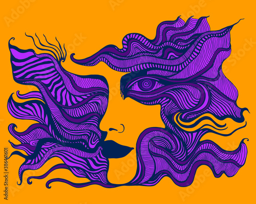 Surreal psychedelic colorful anthropomorphic face with spiral eye, of crazy patterns in purple, dark violet color, isolated on orange background.