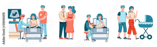 Concept of happy pregnancy, childbirth, maternity and parenthood. A set of vector isolated illustrations of young family couple waiting for a baby and with newborn.