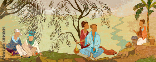 Ancient China. Classic wall drawing. Oriental people. Traditional Chinese paintings. Tradition and culture of Asia. Murals and watercolor asian style. Hand-drawn vector illustration