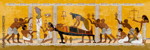 Ancient Egypt. Mummification process. Anubis and pharaoh sarcophagus. Egyptian gods, mythology. Concept of a next world. Hieroglyphic carvings. History wall painting, tomb King Tutankhamun