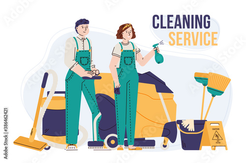 Team of janitors or cleaners with professional equipment. Man and a woman in uniform working in a cleaning service. Vector illustration.