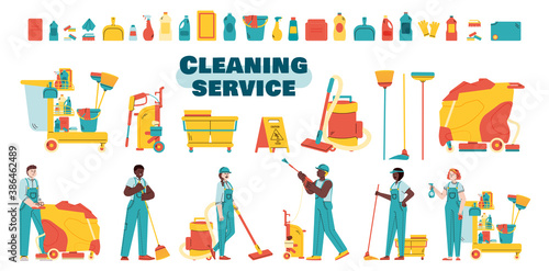 Cleaning service big bundle of staff characters and equipment, flat cartoon vector illustration isolated on white background. Cleaning company team with washing supplies.