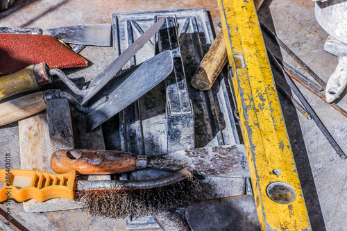Canvas Print Bunch of bricklaying tools and construction equipment.