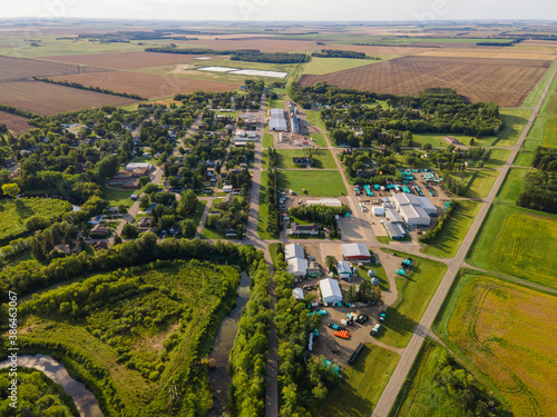 Aerial View of Small Town on Summer Day in Rural North Dakota.