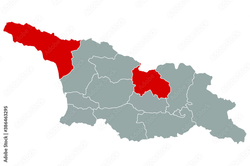 Vector map of Georgia with regions. Regions of South Ossetia and Abkhazia uncontrolled by the government are painted in red Vector map of Georgia with regions. Regions of South Ossetia and Abkhazia uncontrolled by the government are painted in red