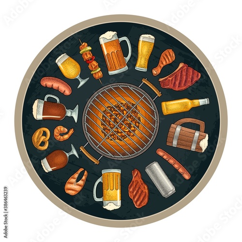 Glass beer and grill bbq food. Vector color vintage engraving