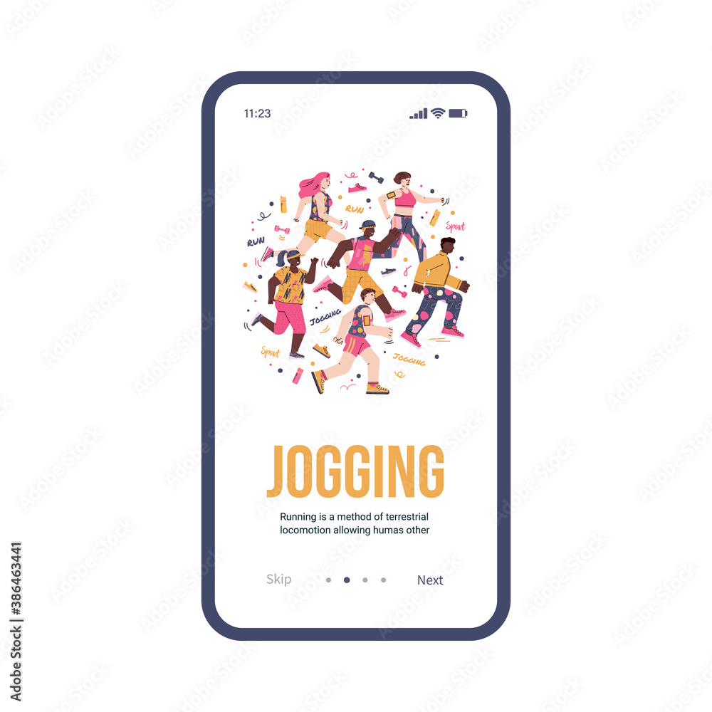 Onboarding page of mobile phone for jogging activity with cartoon people running, flat vector illustration. Sport and fitness app concept on touch screen. Onboarding page of mobile phone for jogging activity with cartoon people running, flat vector illustration. Sport and fitness app concept on touch screen.