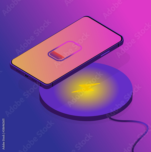 Wireless charging of smartphone concept, vector illustration, copy space