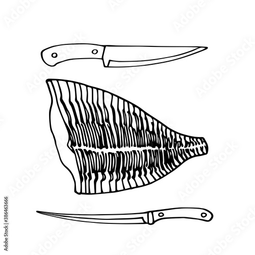 Fish fillet of flounder or halibut  for barbecue. Delicious seafood. Restaurant menu decoration. Vector illustration with black lines isolated on a white background in a doodle & hand drawn style.