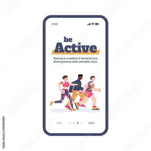 Template of mobile onboarding page for sport activity and outdoor training with cartoon people running marathon or taking part in race, flat vector illustration.