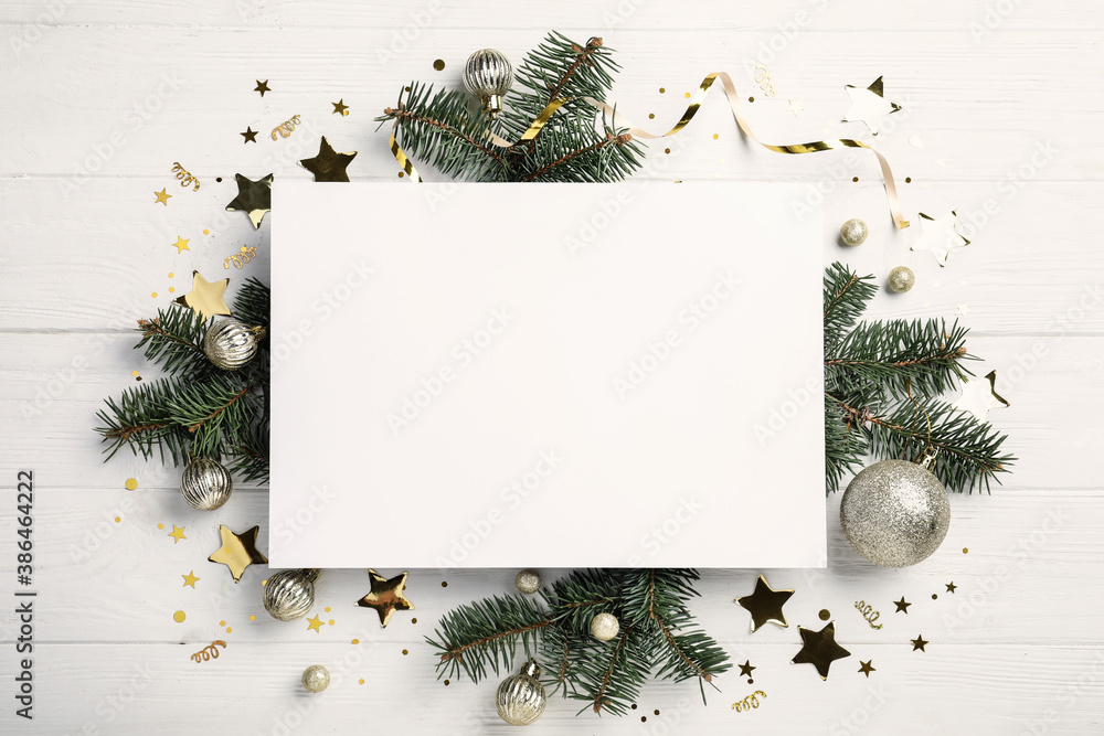 © New Africa - Flat lay composition with Christmas decor and blank card on white wooden table. Space for text © New Africa - Flat lay composition with Christmas decor and blank card on white wooden table. Space for text