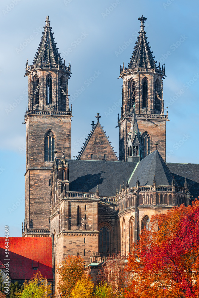 Fototapeta premium Magnificent Cathedral in historical and shopping downtown of Magdeburg, old town, Elbe river at early golden Autumn, Magdeburg, Germany.