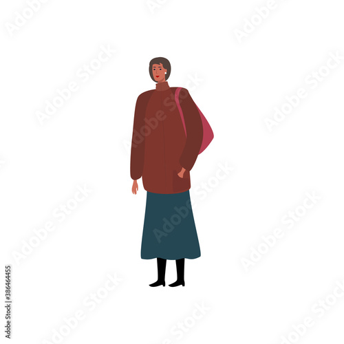  Beautiful woman in stylish seasonal outerwear on a white background. A modern girl in a coat, with a bag on her shoulder, in boots. Flat vector illustration in cartoon style. Casual image 