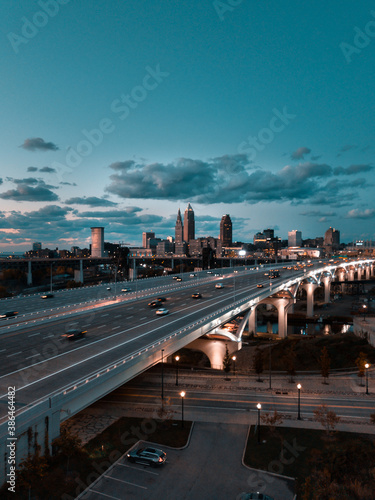 cleveland ohio skyline highway at night