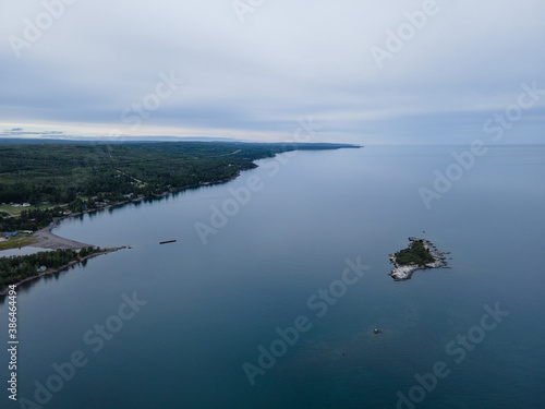 Aerial View of Lake Superior Showing Water, Small Island and Coastline near Duluth, MN.