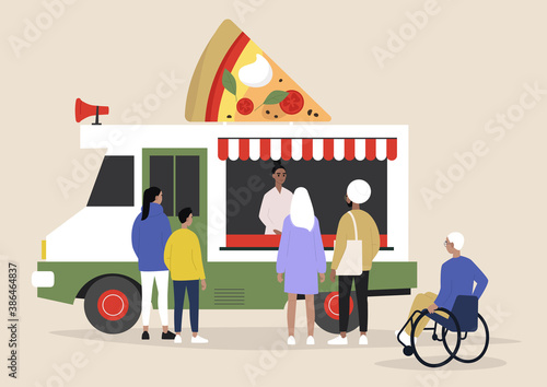 An Italian pizza food truck, people ordering and waiting their takeaway food