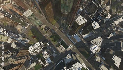 Skyscrapers from a height of flight, modern high-rise buildings top view, city from a height, 3d rendering