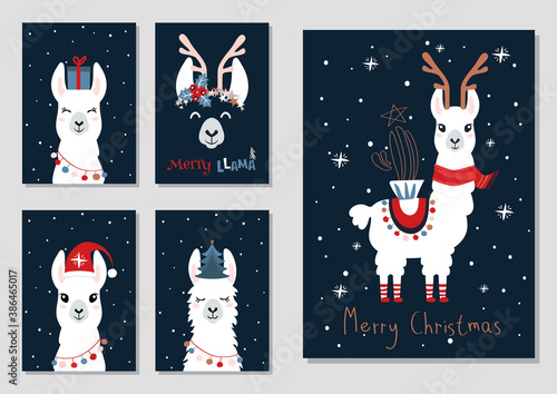 Christmas cards with llama. Merry Christmas set