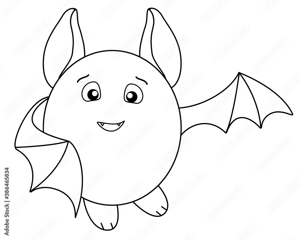 Cute fat bat with big ears - vector linear illustration for coloring ...